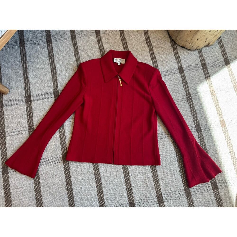 St John Marie Gray Red Jacket Bell Sleeve 10 Zip Large Crop Blazer Wool Vintage
